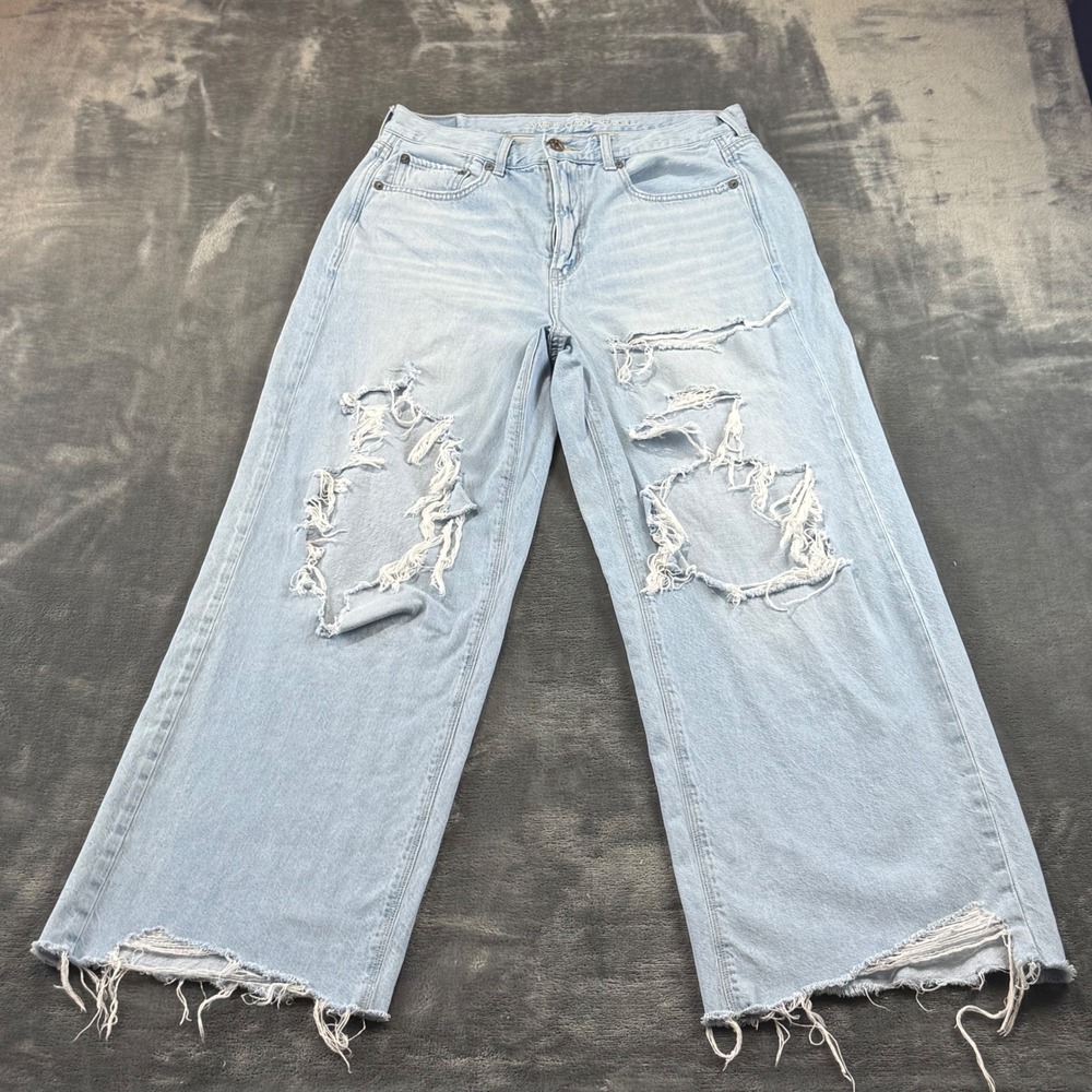 American Eagle Skater Jeans Light Wash Distressed Wide Leg High Rise 8 Short